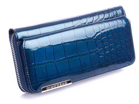 GREGORIO Duży niebieski portfel damski z klapką lakierowany